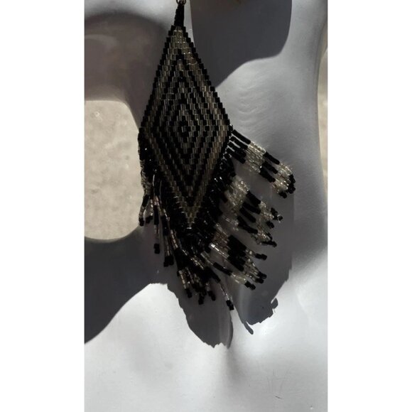 Vintage Long Black Clear Seed Bead Cluster Dangle Pierced Earrings Western 6” - Picture 7 of 13